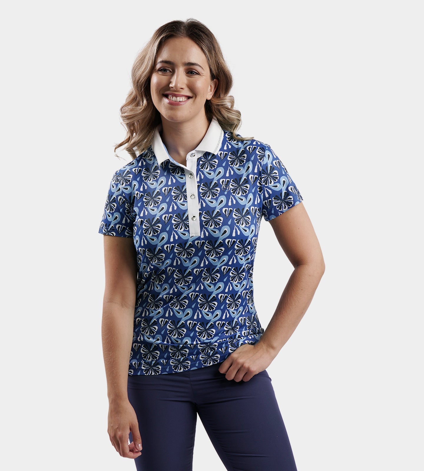 LADIES FLORAL POLO - NAVY
