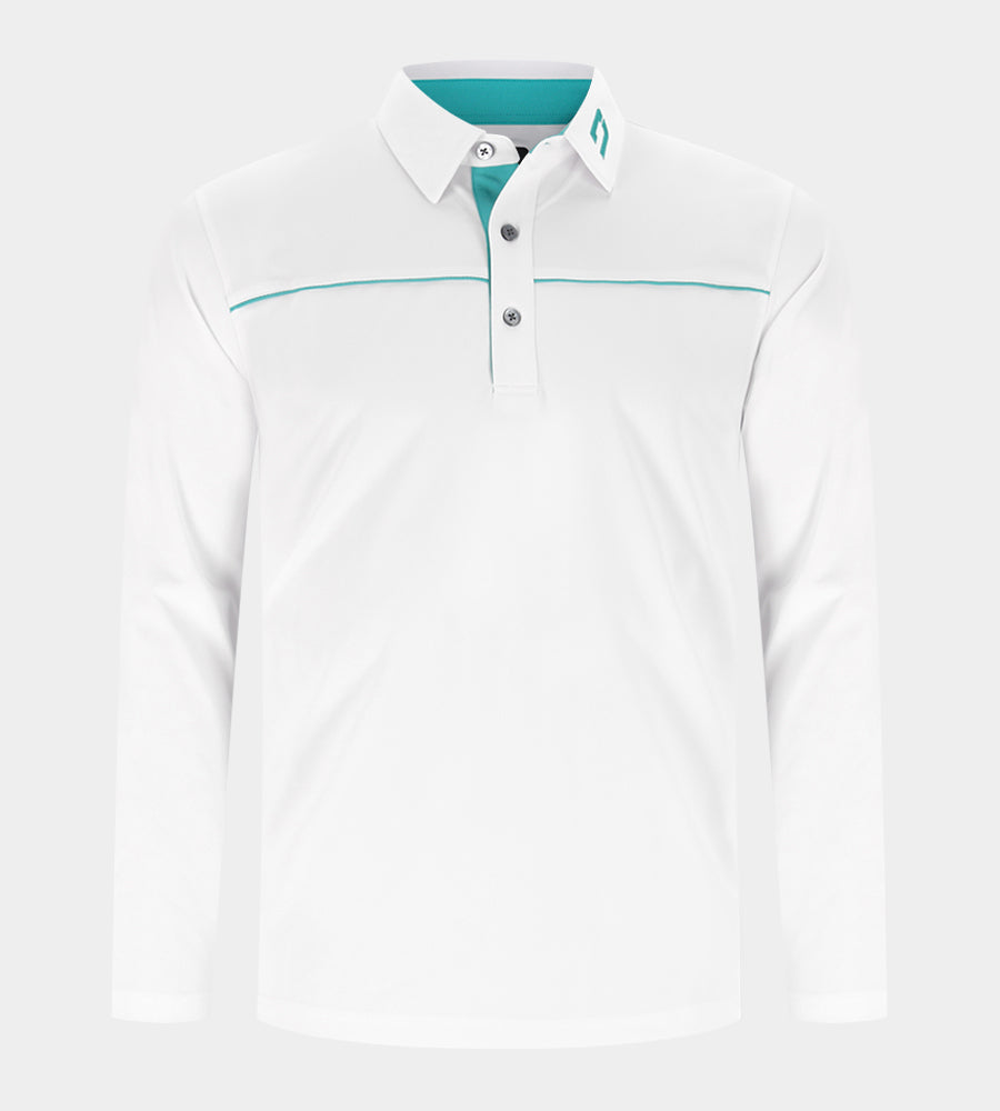 BLOCK PIQUE LONG SLEEVE POLO - WHITE/TEAL
