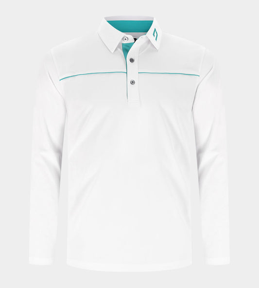 BLOCK PIQUE LONG SLEEVE POLO -  WHITE/TEAL