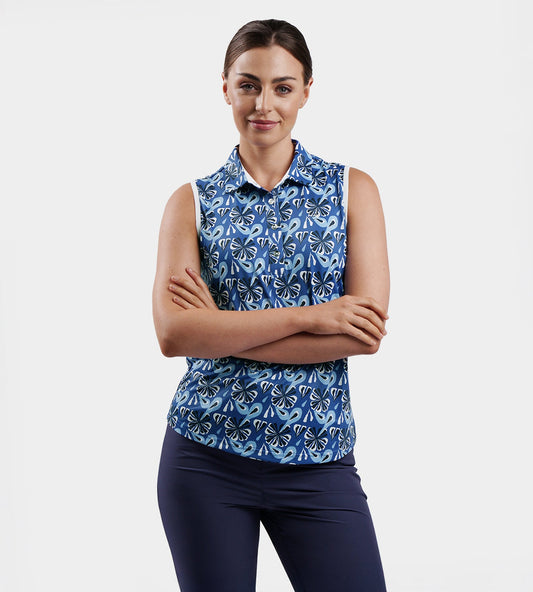 LADIES FLORAL SLEEVELESS POLO - NAVY