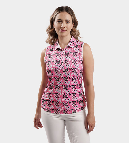 LADIES FLORAL SLEEVELESS POLO - PINK